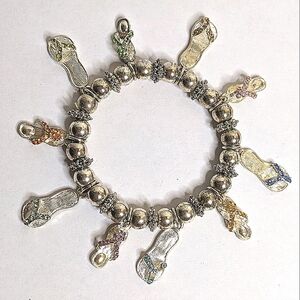 Vintage‎ Signed RB Silver Tone Sandle Charm Bracelet 6.75 Inch Stretch